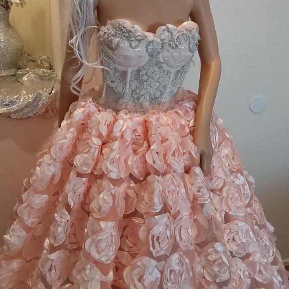 "BLOOM" Blush Ivory & Mint 3D Flower Woodland Princess Wedding Ballgown Set - Picture 11 of 14
